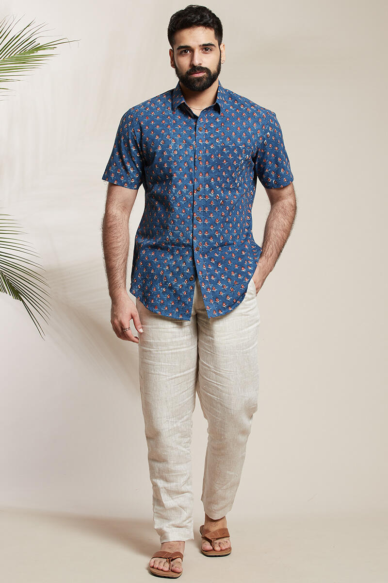 Indigo Block Printed Cotton Shirt