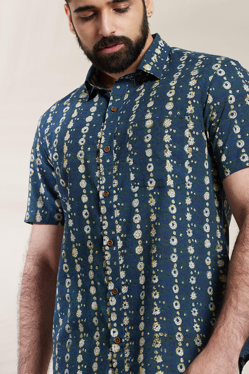 Green Block Printed Cotton Shirt