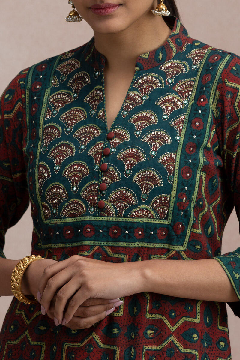 Maroon Block Printed Straight Cotton Kurta