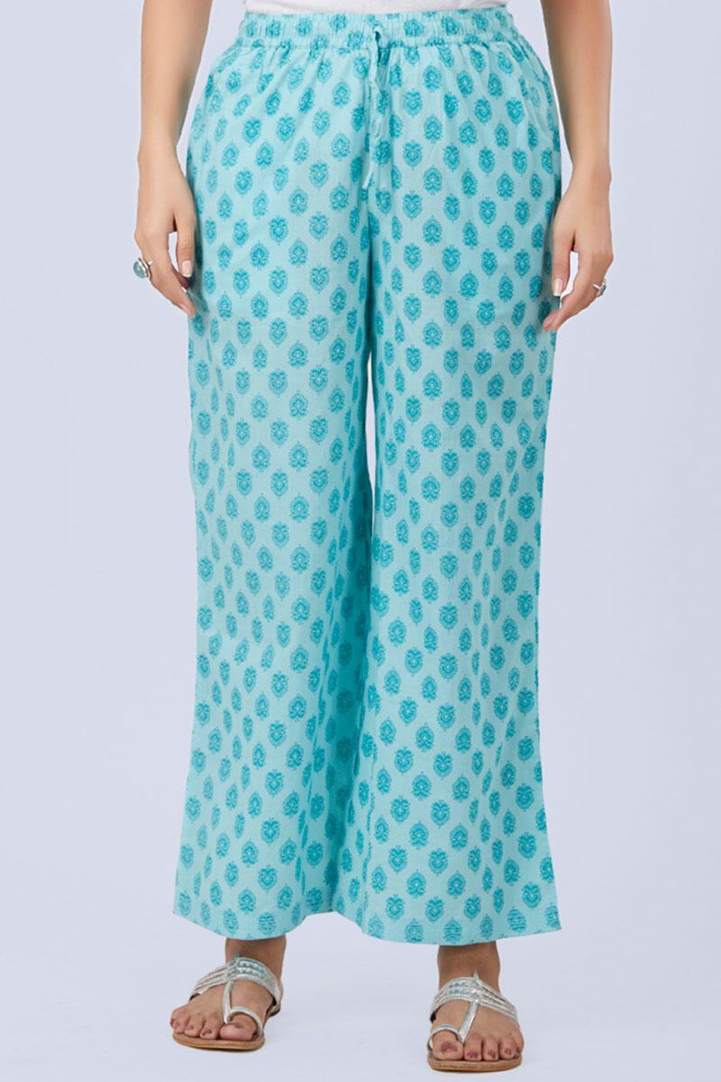 Blue Block Printed Cotton Farsi Pants