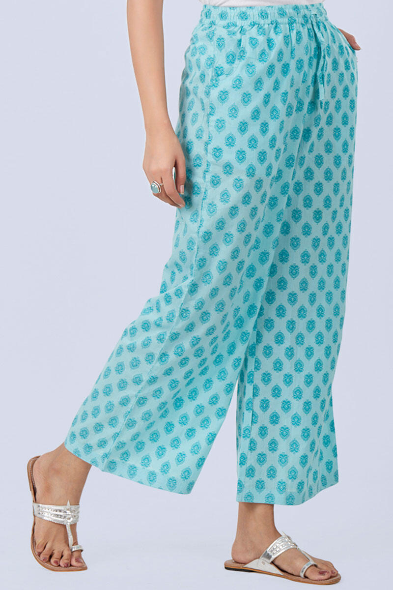 Blue Block Printed Cotton Farsi Pants