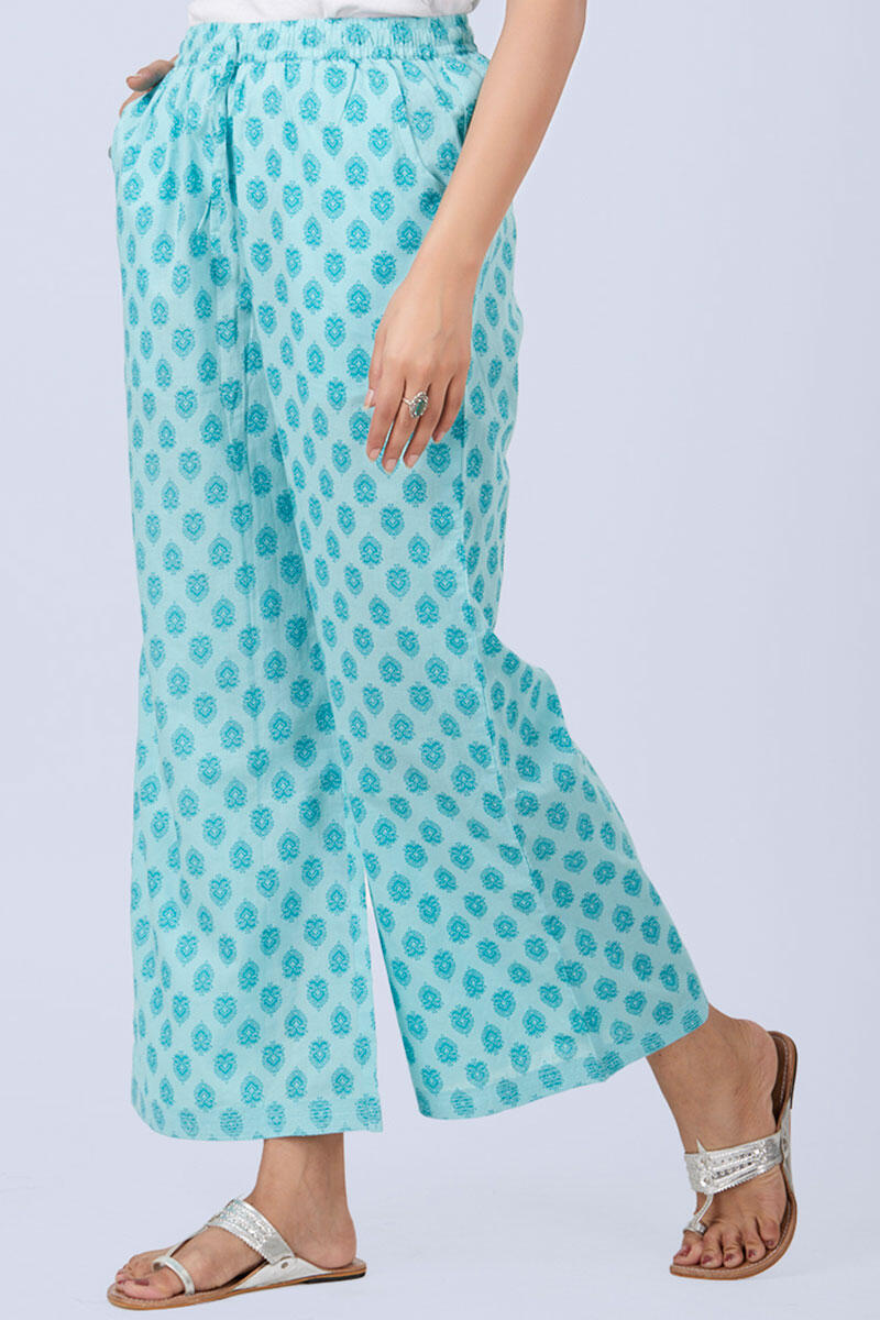 Blue Block Printed Cotton Farsi Pants