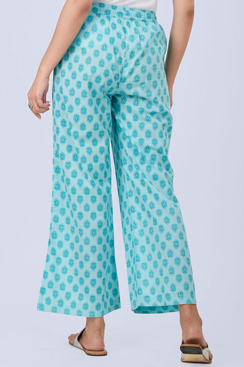 Blue Block Printed Cotton Farsi Pants