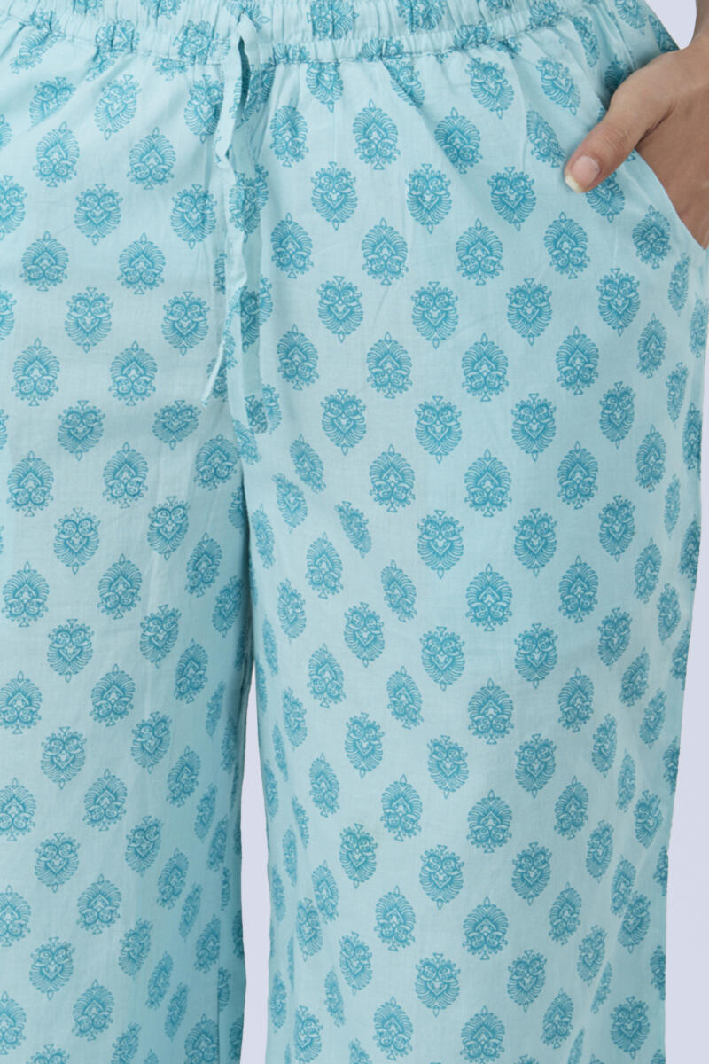 Blue Block Printed Cotton Farsi Pants