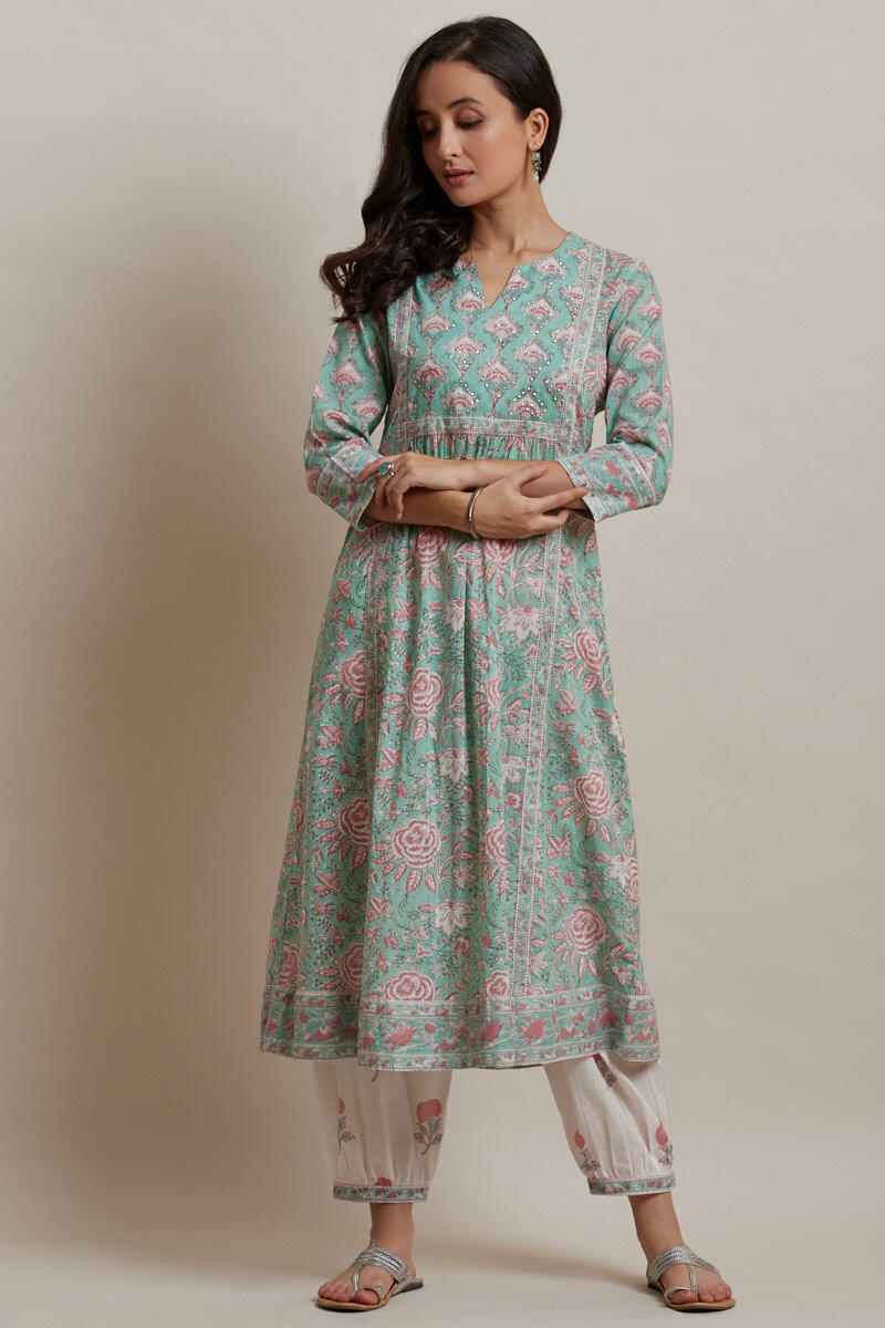 Green Block Printed A-line Cotton Kurta