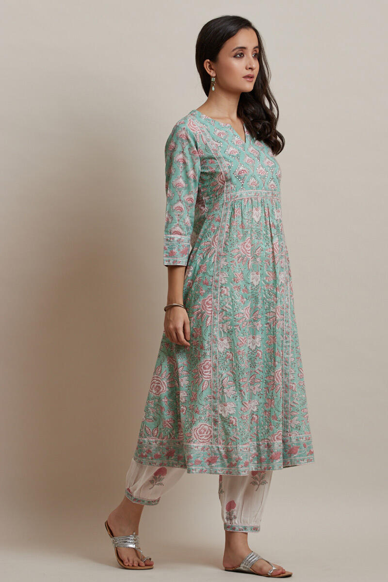 Green Block Printed A-line Cotton Kurta