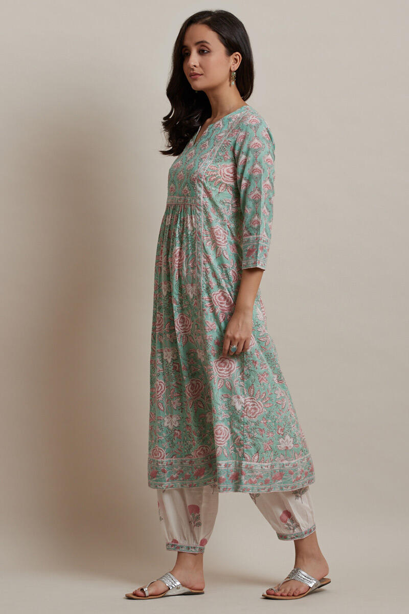 Green Block Printed A-line Cotton Kurta