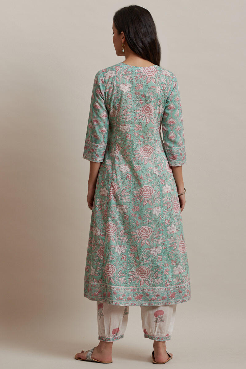 Green Block Printed A-line Cotton Kurta