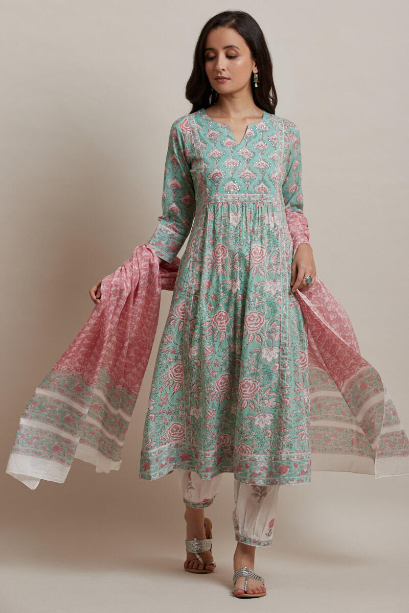 Green Block Printed A-line Cotton Kurta