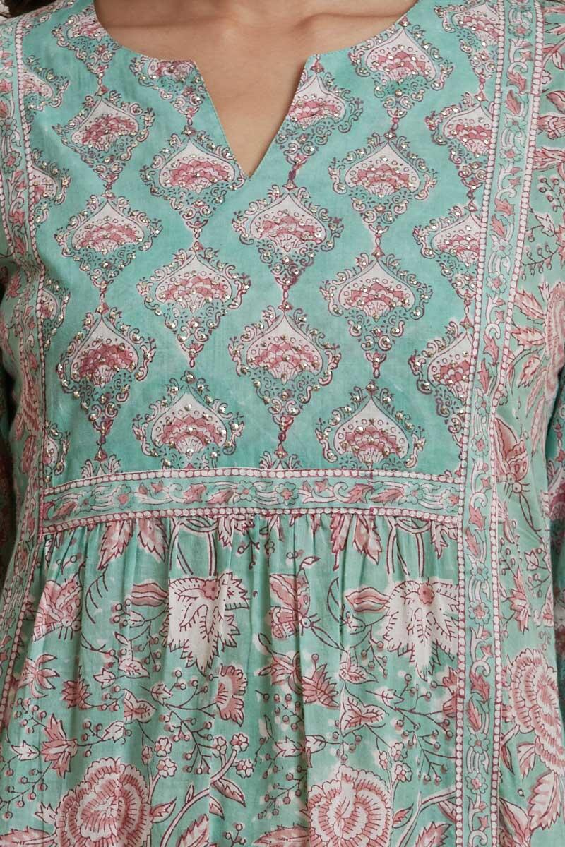 Green Block Printed A-line Cotton Kurta