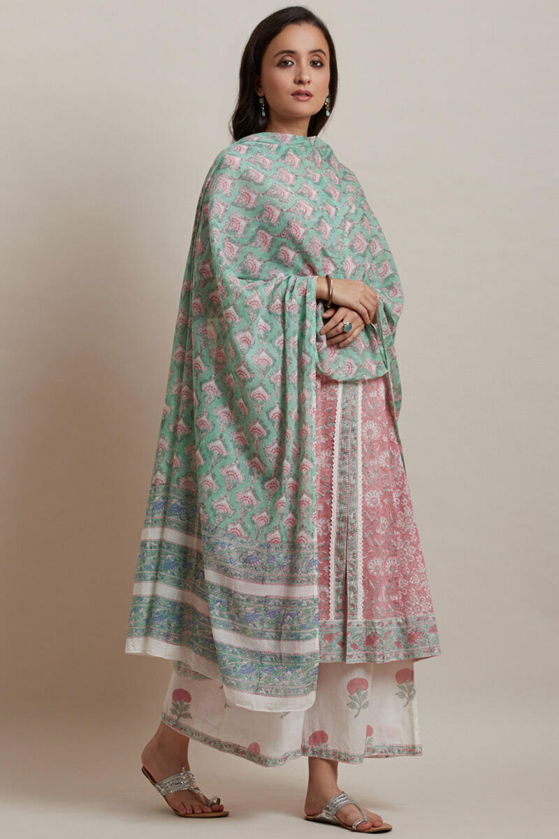 Green Block Printed Cotton Dupatta