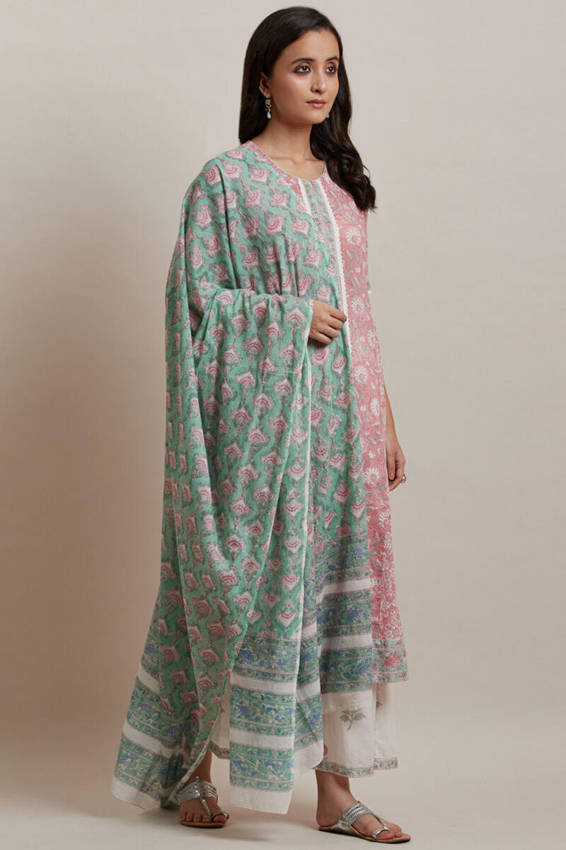 Green Block Printed Cotton Dupatta
