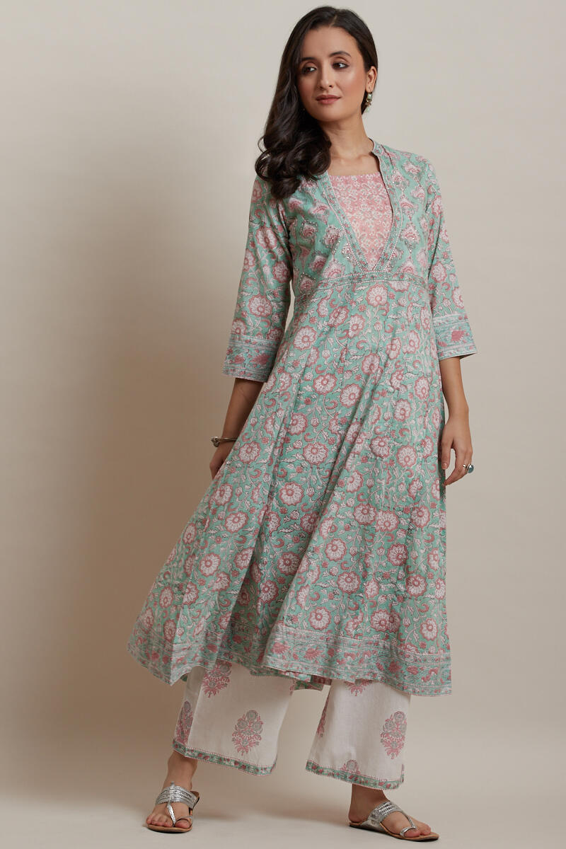Green Block Printed Anarkali Cotton Kurta