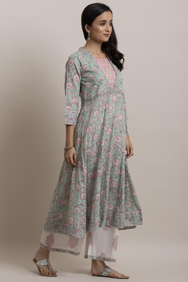 Green Block Printed Anarkali Cotton Kurta