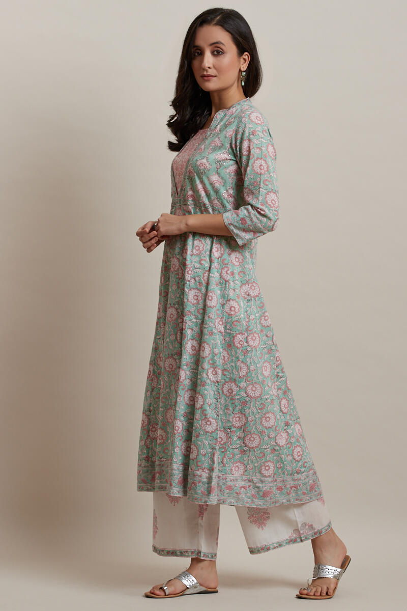 Green Block Printed Anarkali Cotton Kurta