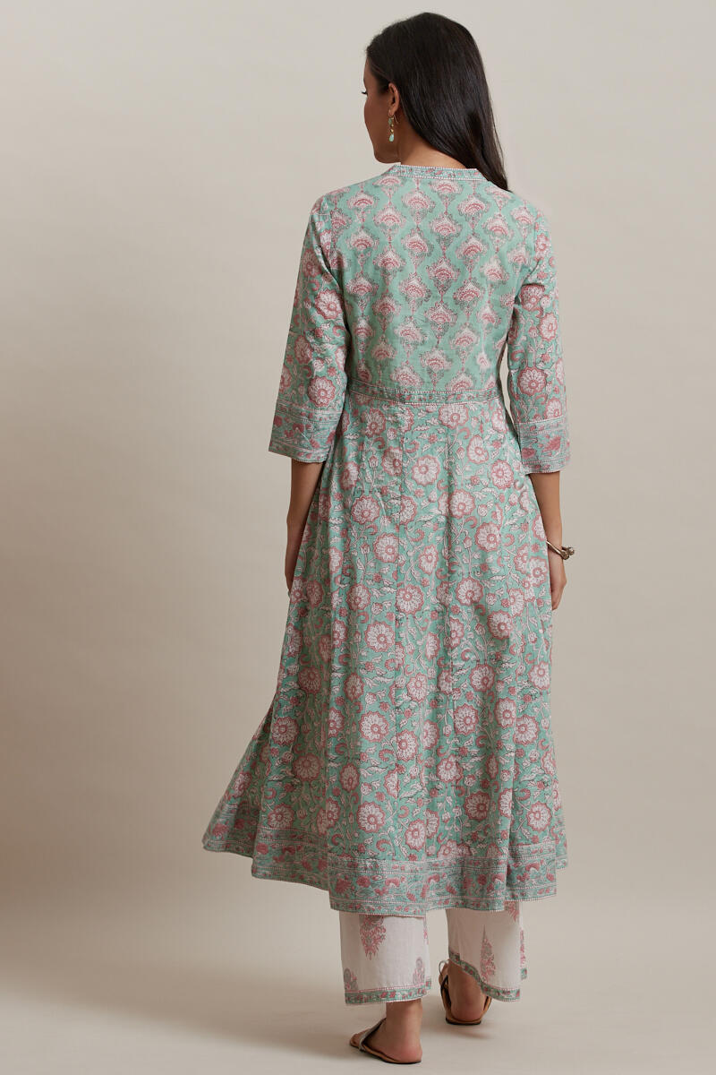 Green Block Printed Anarkali Cotton Kurta