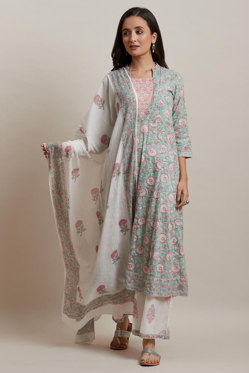 Green Block Printed Anarkali Cotton Kurta