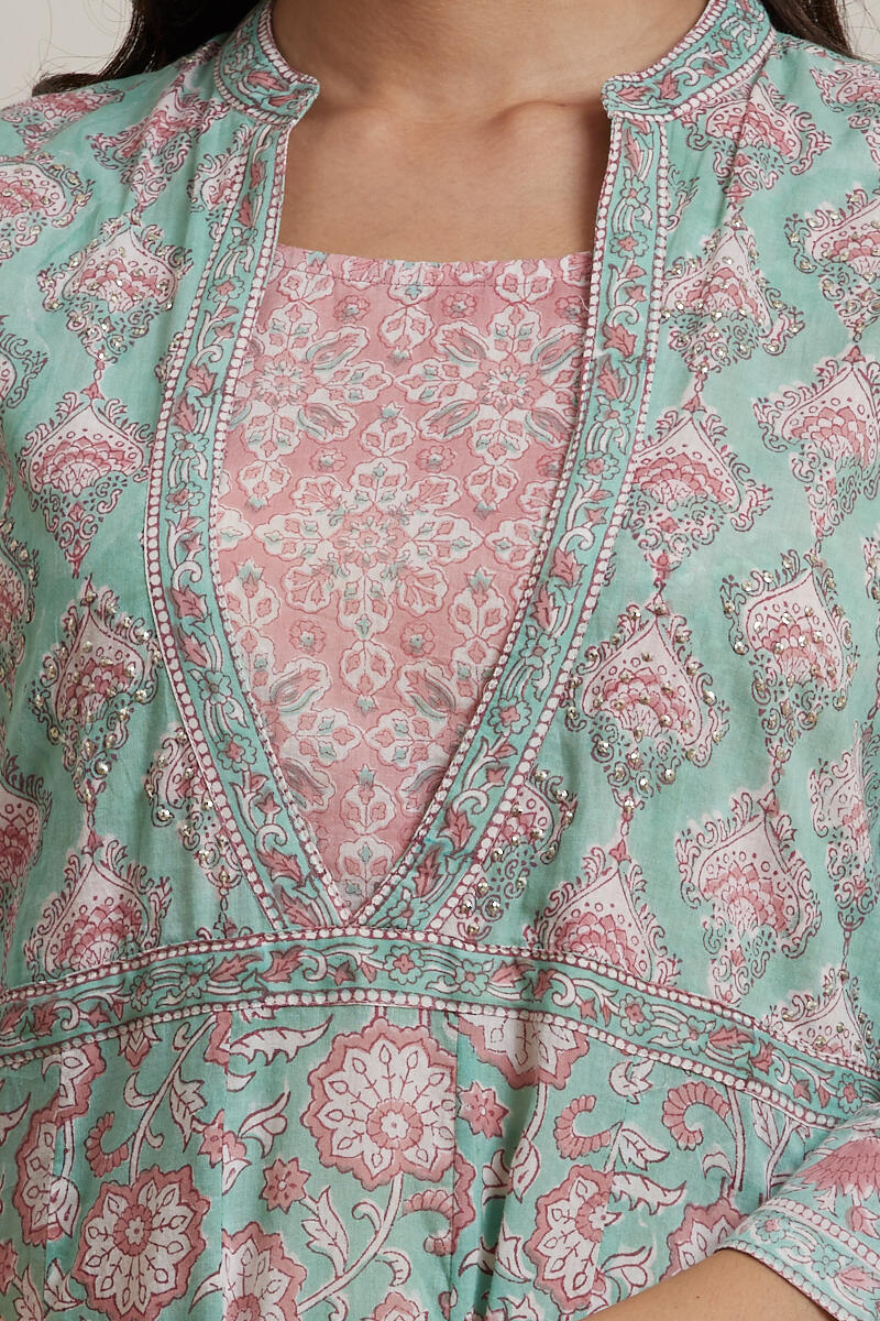 Green Block Printed Anarkali Cotton Kurta